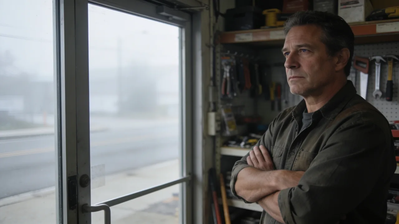 Small business owner standing inside his hardware shop at opening time looking out at a quiet street with a thoughtful expression