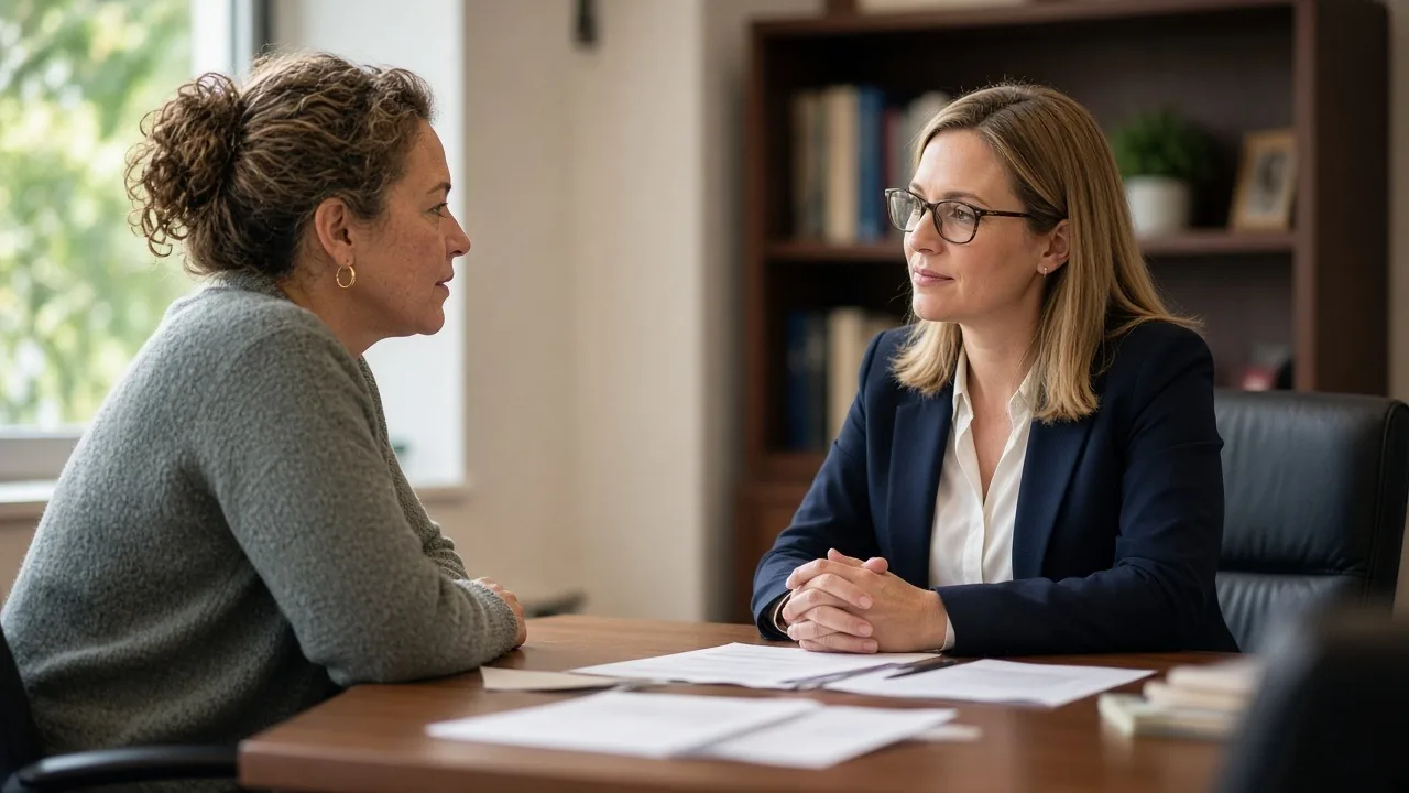 Small business owner meeting with a banker across a desk at a community bank