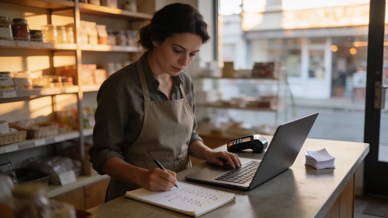 Small business owner at her shop counter working out what each new customer costs her, laptop and handwritten figures in front of her