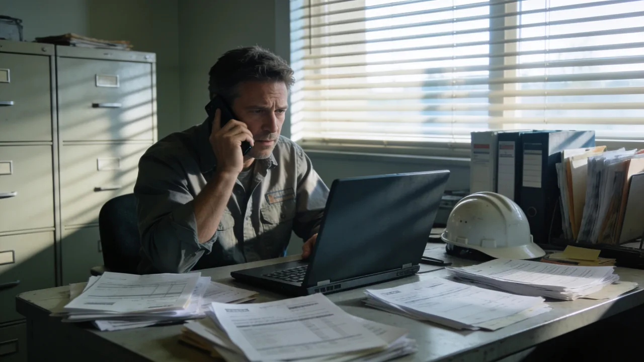 Contracting company owner at a cluttered back-office desk on the phone with his bank, looking at a laptop surrounded by invoices and a hard hat