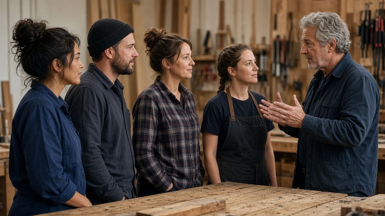 Workshop owner leading a morning huddle with four employees at a workbench
