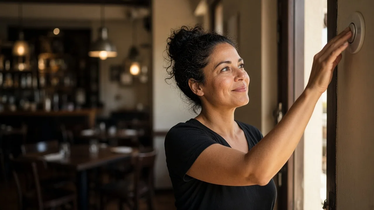 Restaurant owner in a black T-shirt adjusting a wall thermostat beside the front window of her dining room