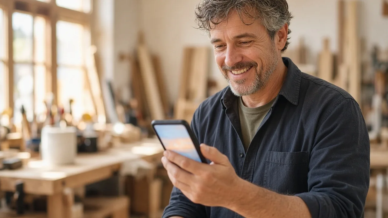 Woodshop owner smiling at a notification on his phone
