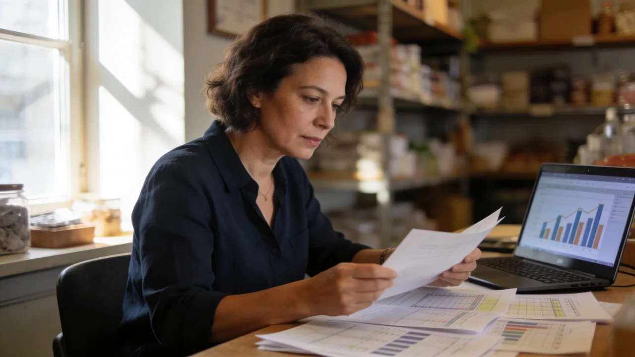 Small business owner reviewing financial reports