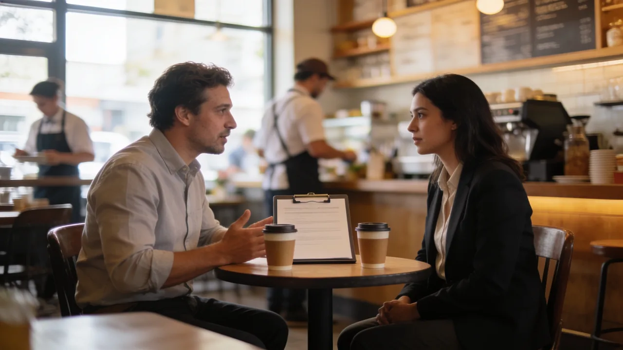 Small business owner interviewing a job candidate at a table in the back of a busy cafe while staff work behind them