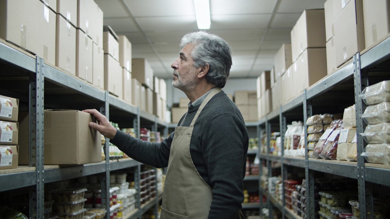 Independent grocery store owner in an apron checking stock on metal shelving in his stockroom