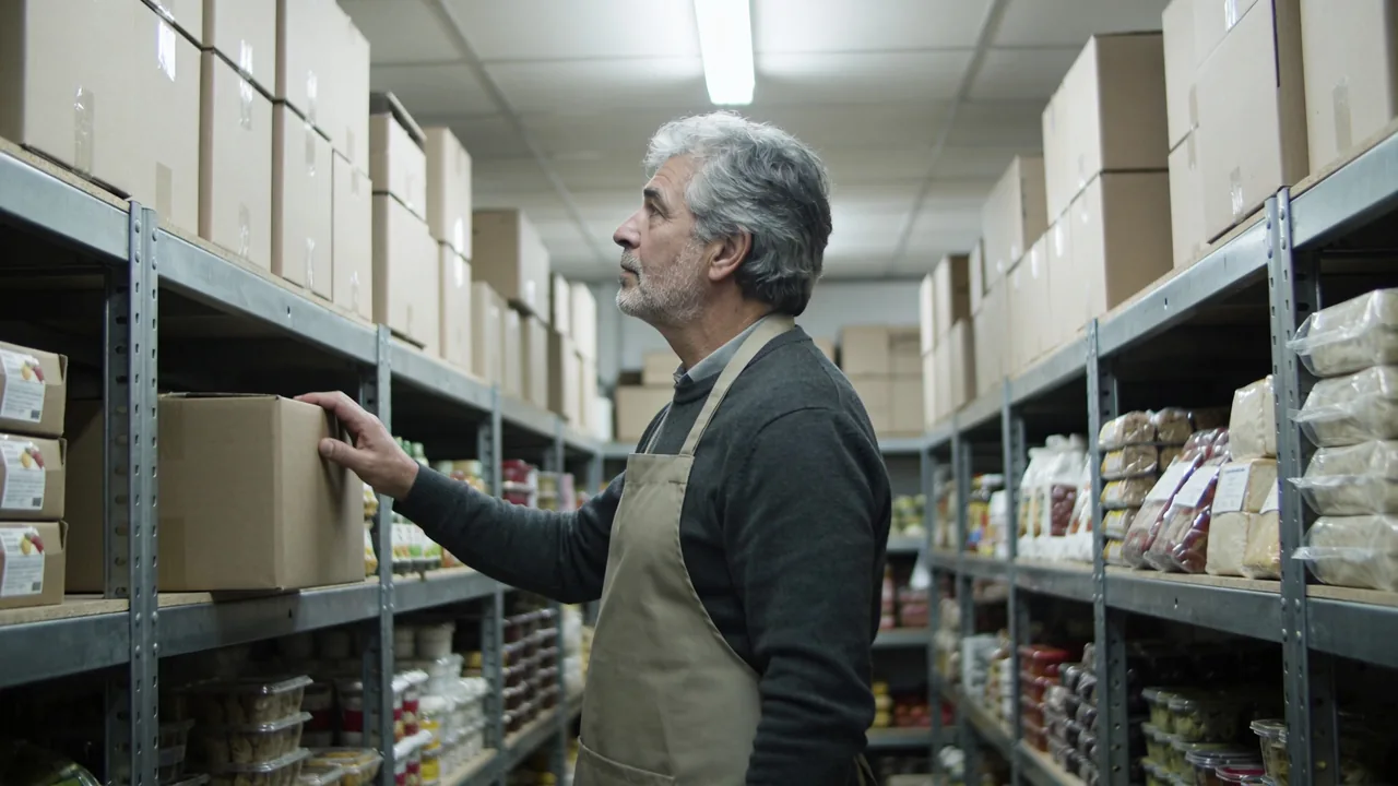 Independent grocery store owner in an apron checking stock on metal shelving in his stockroom