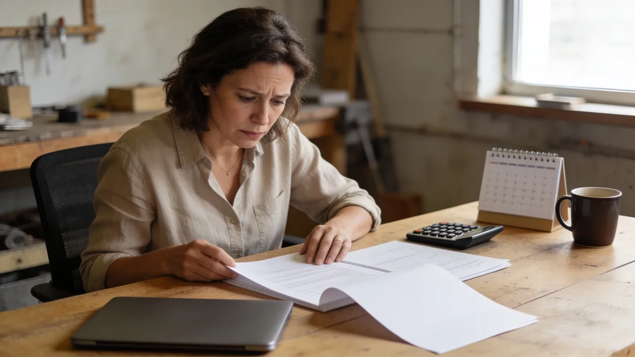 Small-business owner sitting at a workshop desk reviewing unpaid customer invoices beside a calculator and desk calendar