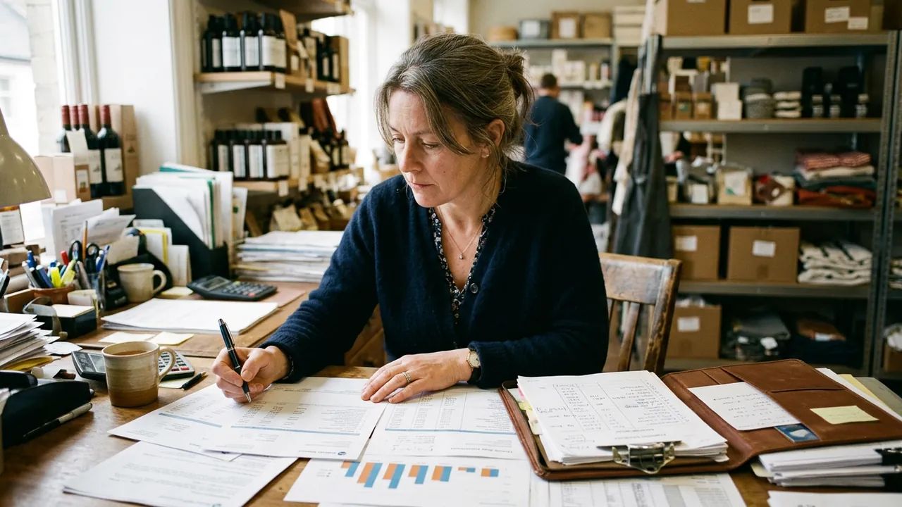 Small business owner reviewing loan statements and a payment schedule at a desk in the back office of her shop