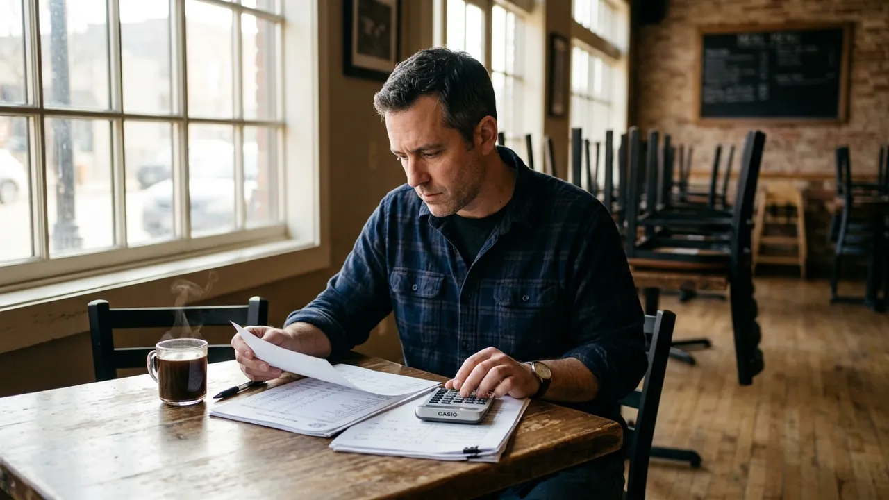 Restaurant owner reviewing a monthly profit and loss statement with a calculator at a table in his dining room