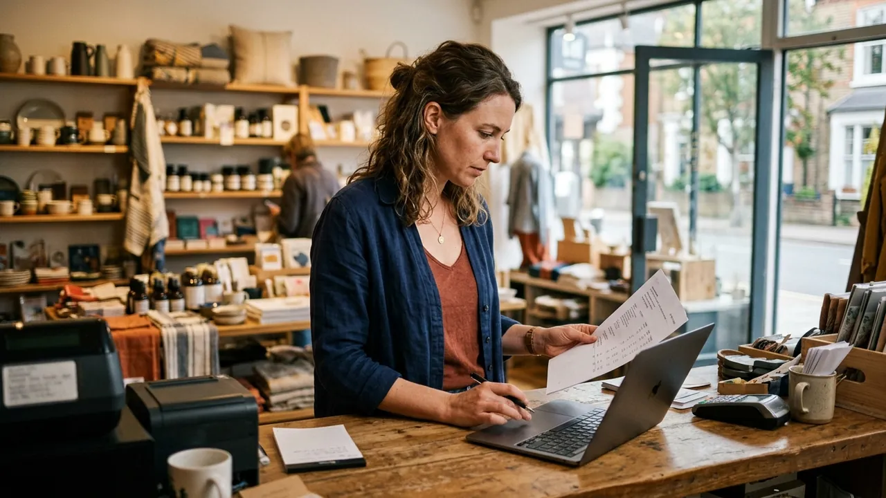 Small business owner comparing annual revenue figures on a laptop and printed sales report at the counter of her store