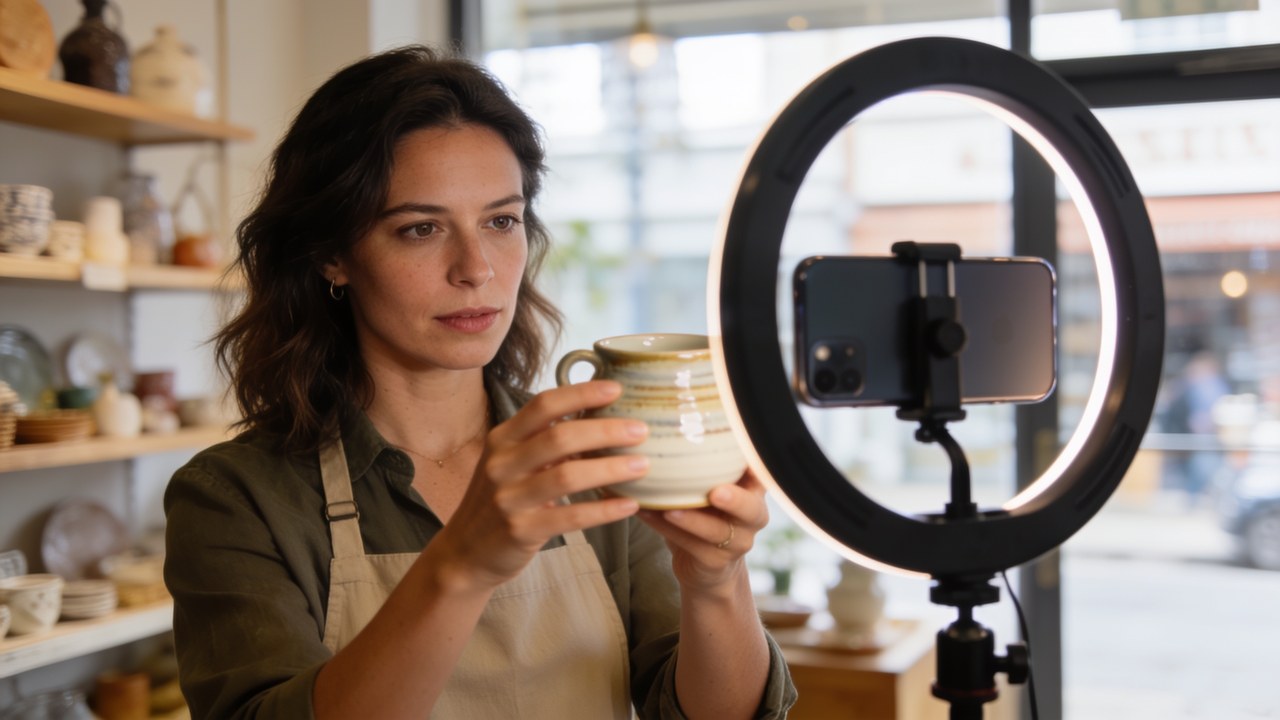 Small business owner photographing a handmade ceramic mug with a smartphone on a tripod and a ring light inside her boutique shop