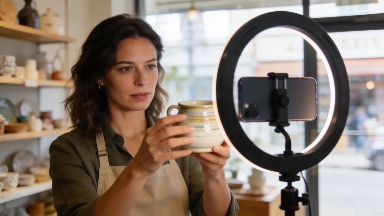 Small business owner photographing a handmade ceramic mug with a smartphone on a tripod and a ring light inside her boutique shop