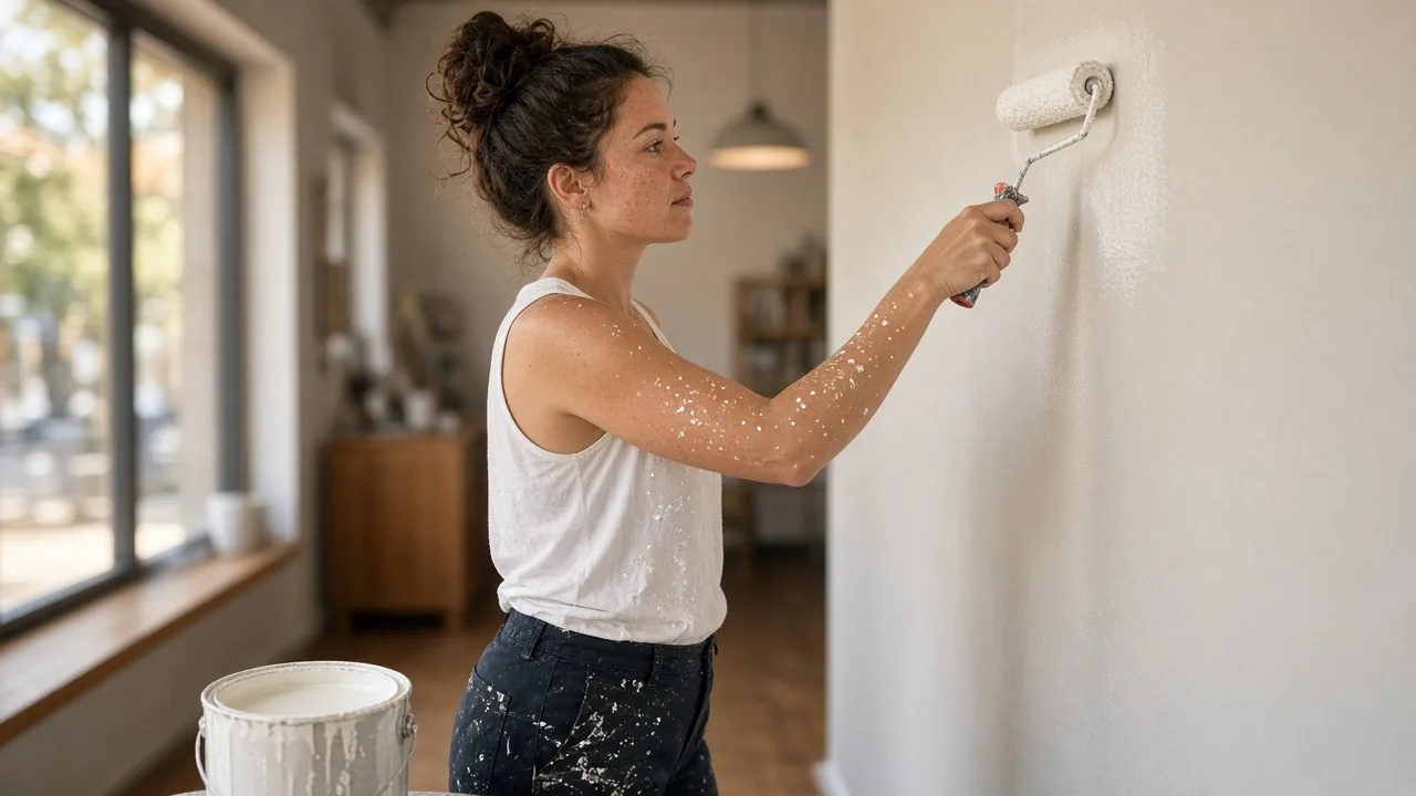 Emprendedora primeriza pintando las paredes de su nueva tienda
