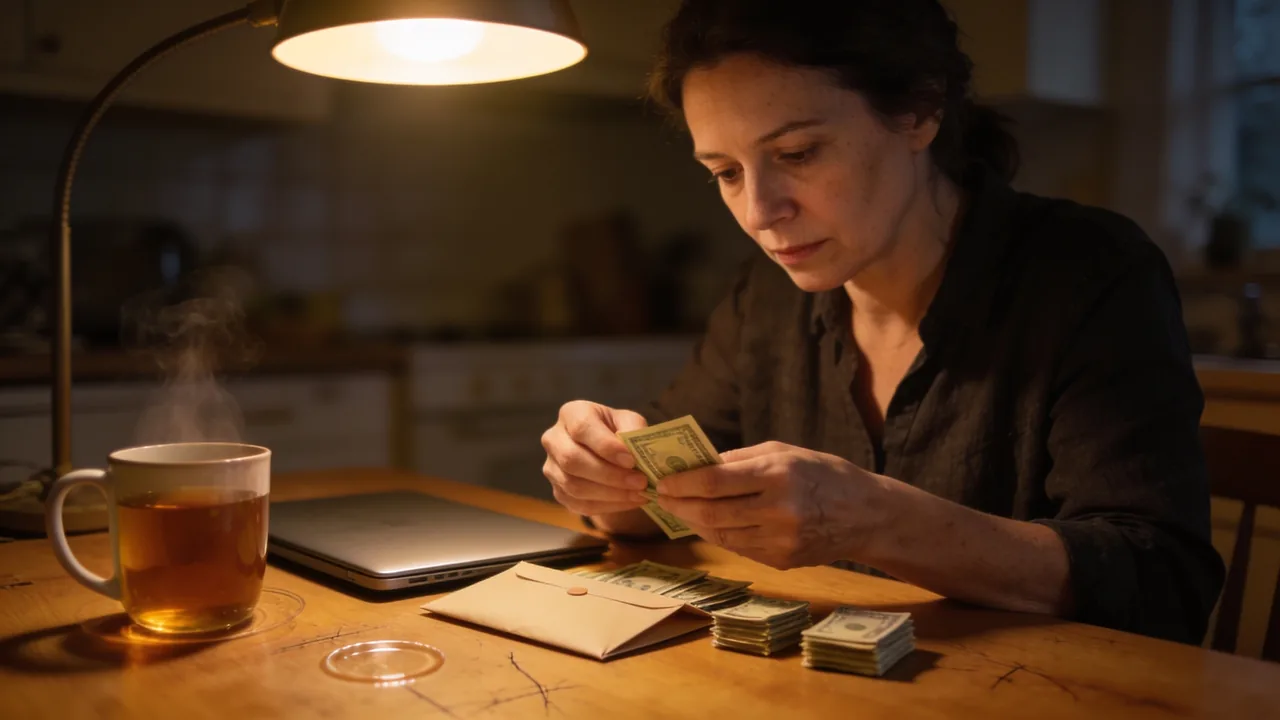 Small business owner counting savings at her kitchen table at night while planning how to fund a new business