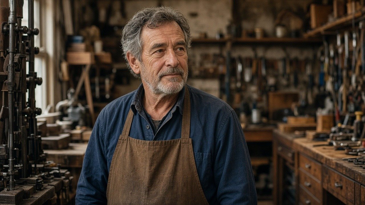 Longtime family business owner in an apron inside his decades-old workshop