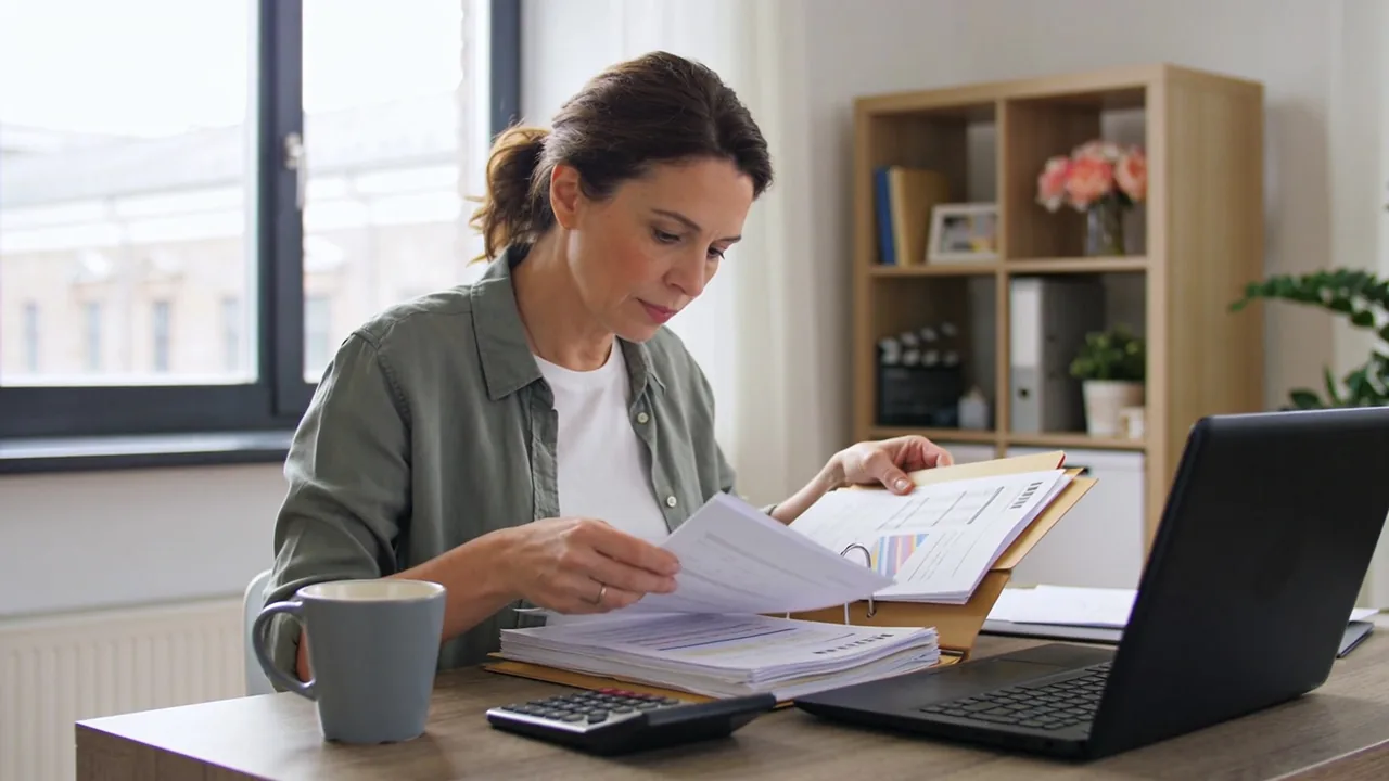 Small-business owner at a home-office desk sorting paperwork into folders beside a laptop, calculator and coffee mug