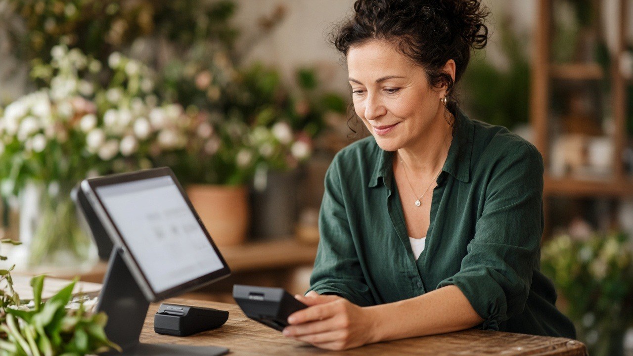 Florist owner taking a card payment with a tablet point-of-sale system