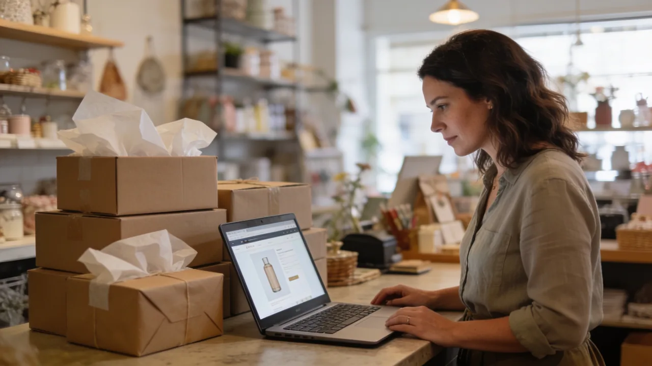 Small business owner in her home-goods shop reviewing a product page on a laptop beside a stack of packed shipping boxes