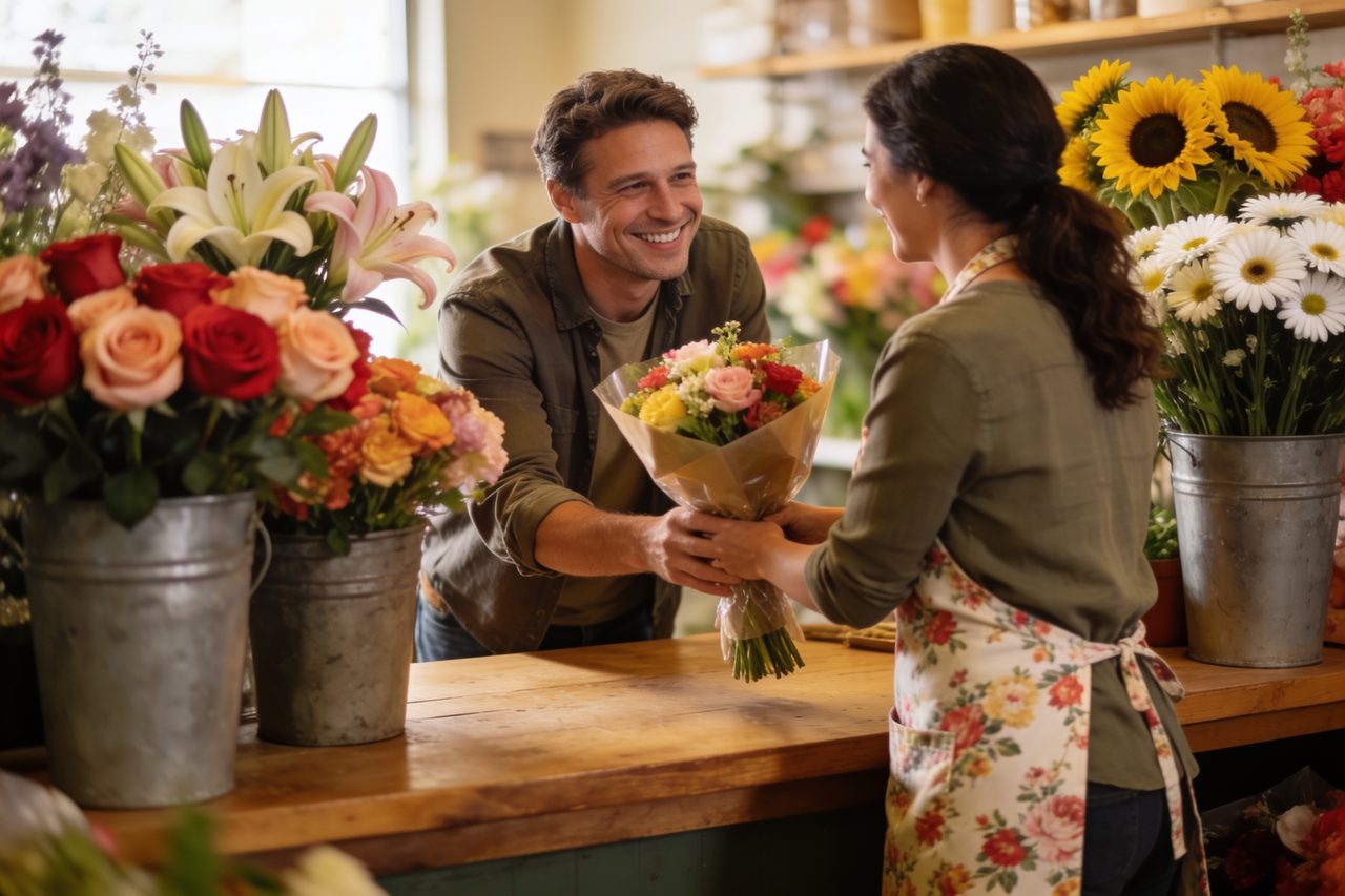 Florist handing a bouquet to a returning customer at her shop counter