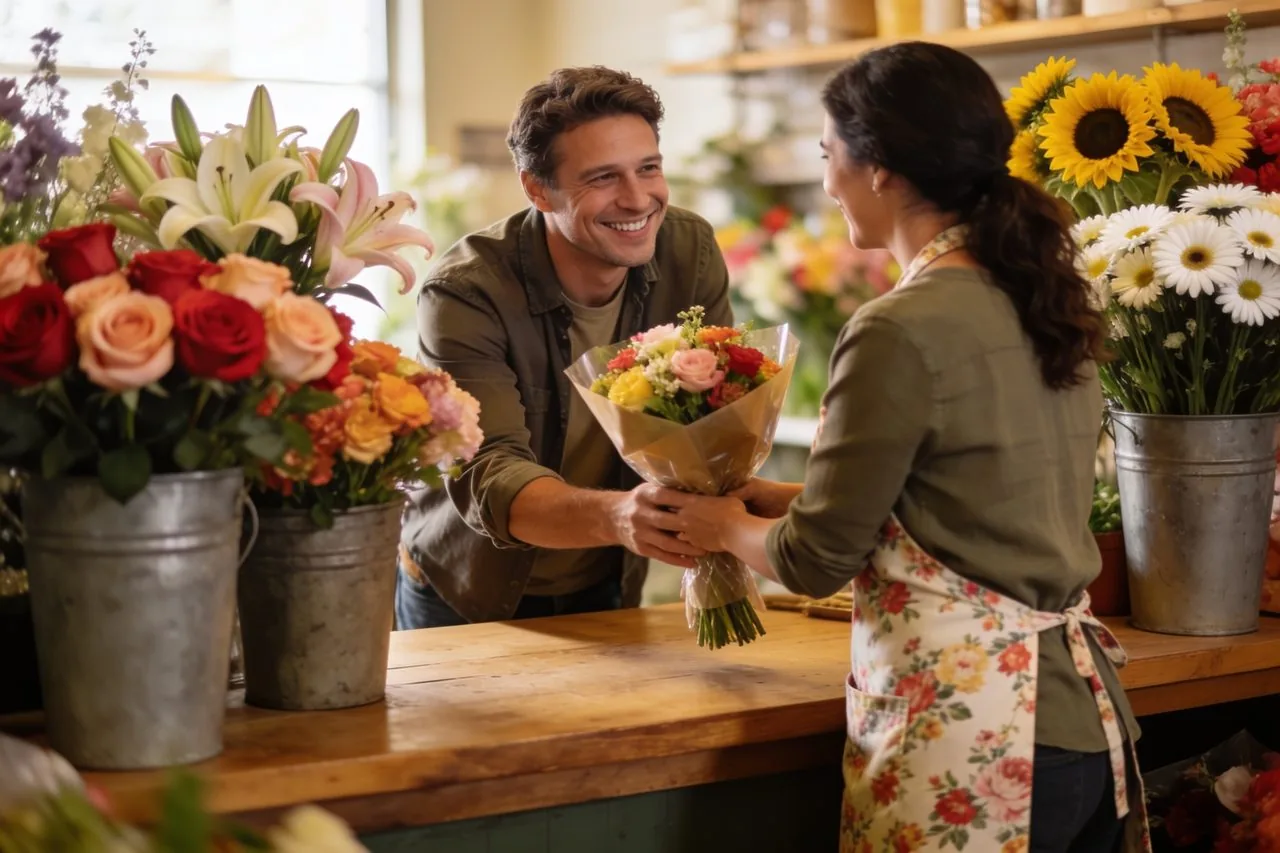 Florist handing a bouquet to a returning customer at her shop counter