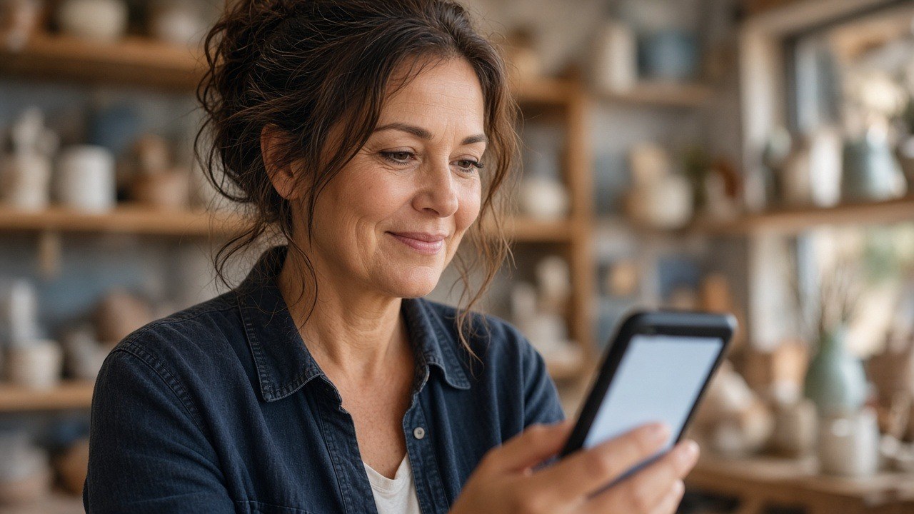 Business owner smiling as she checks a notification on her phone