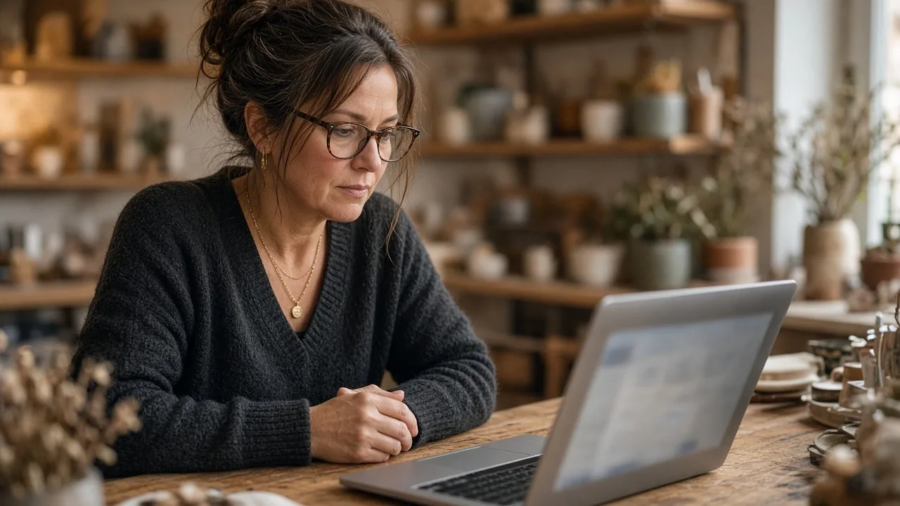 Small shop owner in glasses and a dark sweater studying results on a laptop at a wooden table in her pottery store