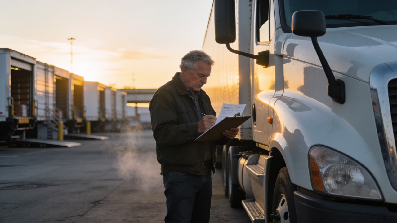 Owner-operator truck driver checking delivery paperwork beside his semi truck at a freight yard at dawn