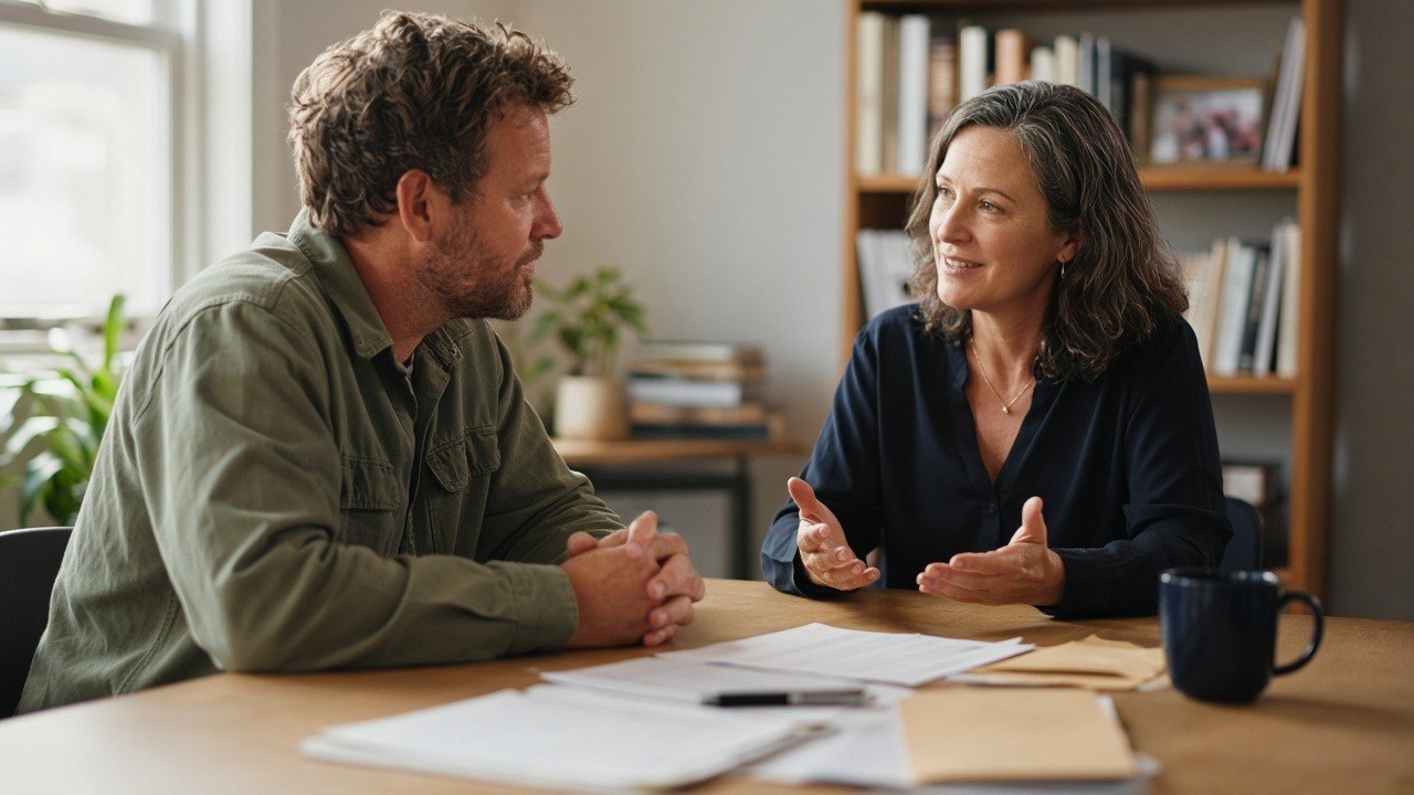 Contractor meeting with a tax professional to review business paperwork