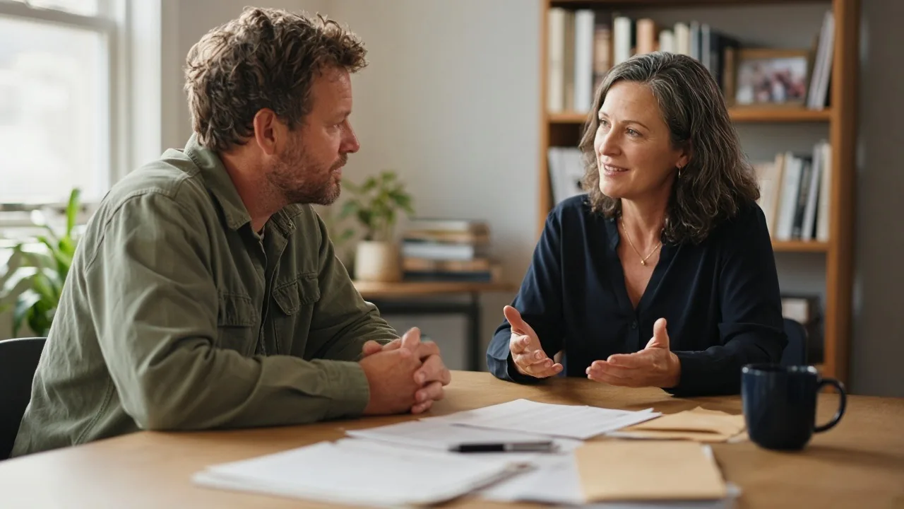 Contractor meeting with a tax professional to review business paperwork