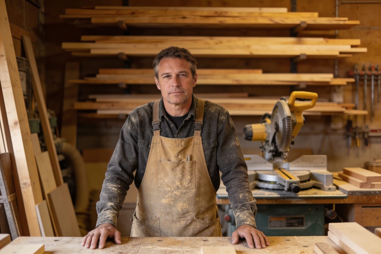 Woodworking shop owner standing at his workbench