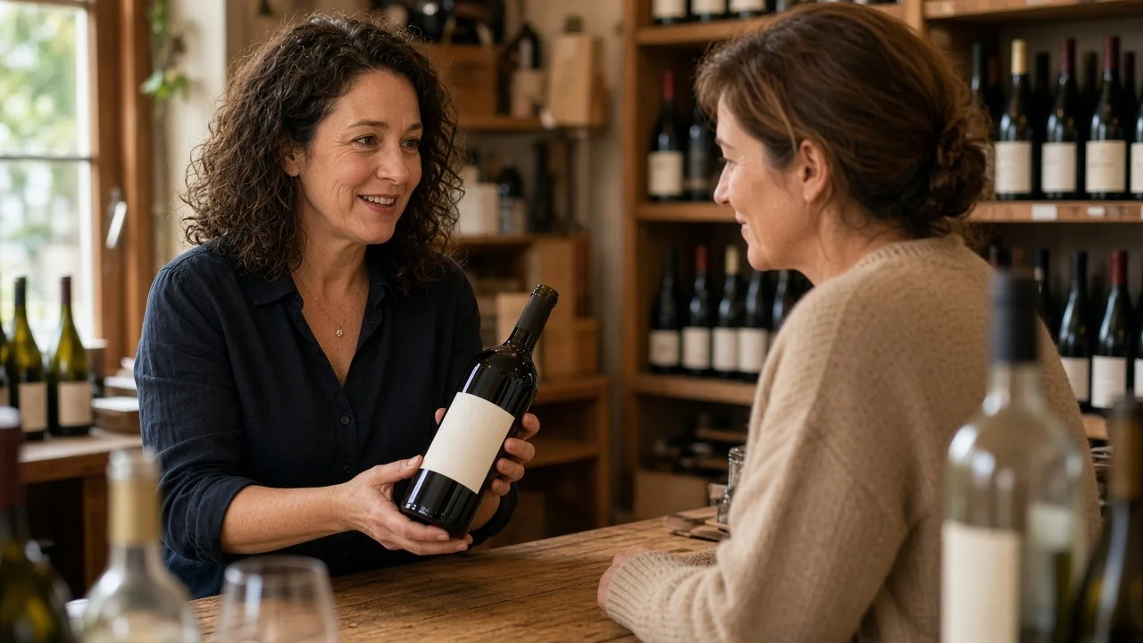 Wine shop owner recommending a bottle to a customer across the counter