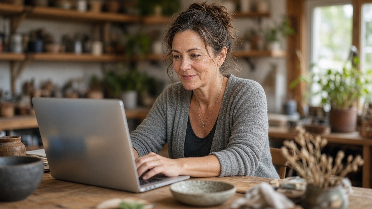 Small business owner answering customer messages on a laptop in her shop