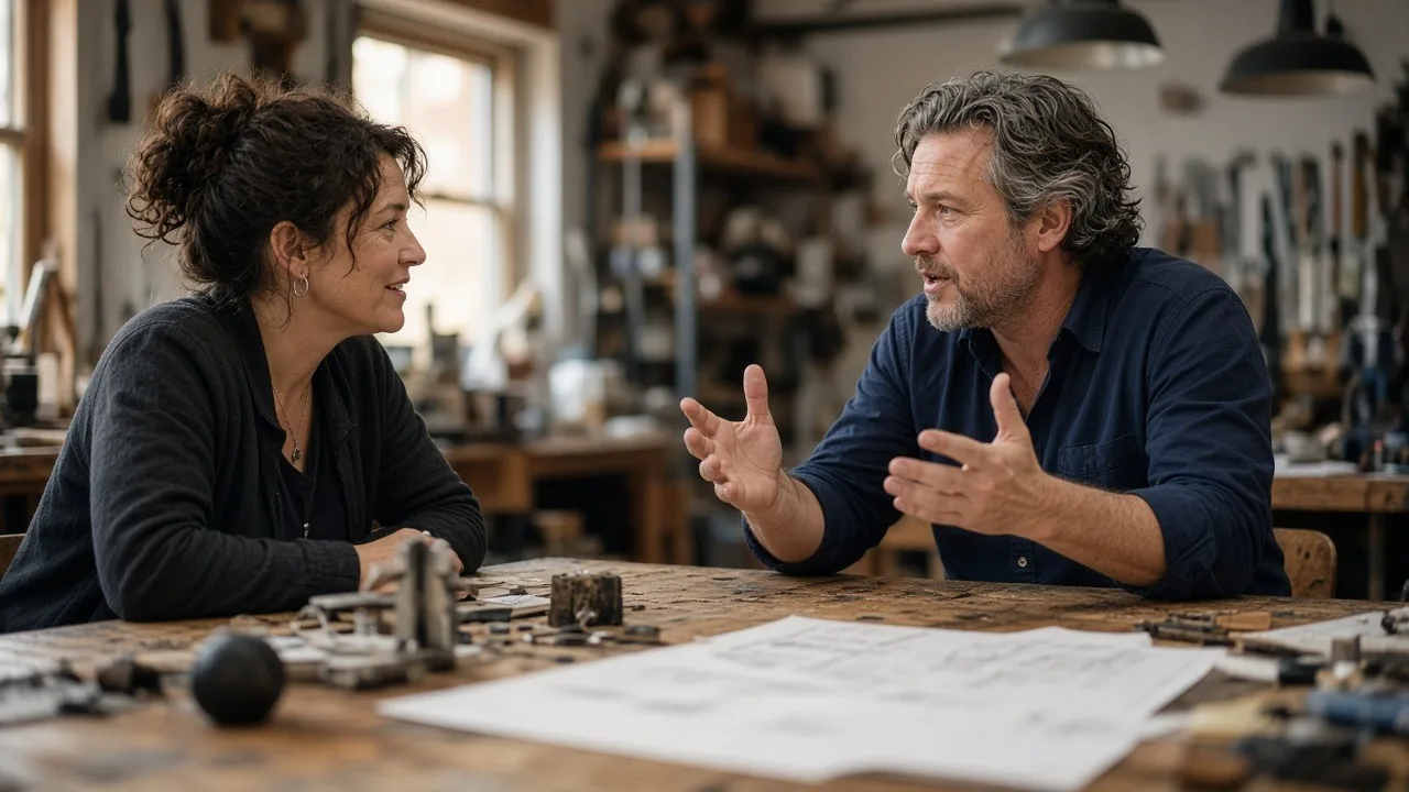 Two small business owners talking across a wooden workbench covered in tools and printed plans in a workshop