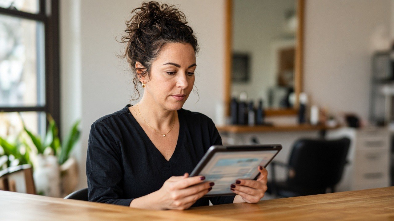Salon owner reviewing customer messages on a tablet at a table in her hair salon