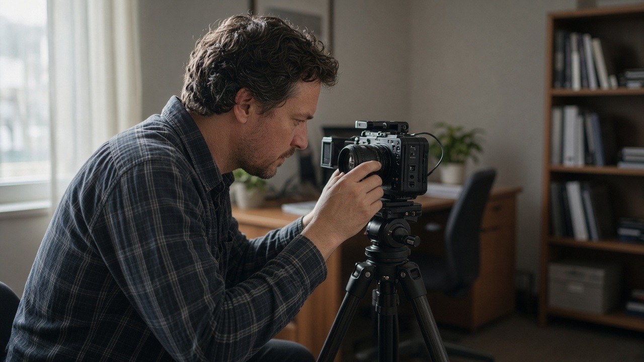 Business owner focusing a video camera on a tripod to film marketing content