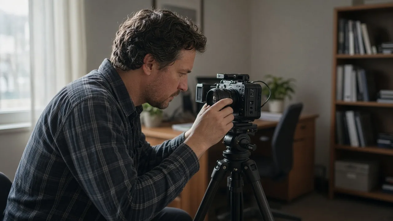 Business owner focusing a video camera on a tripod to film marketing content