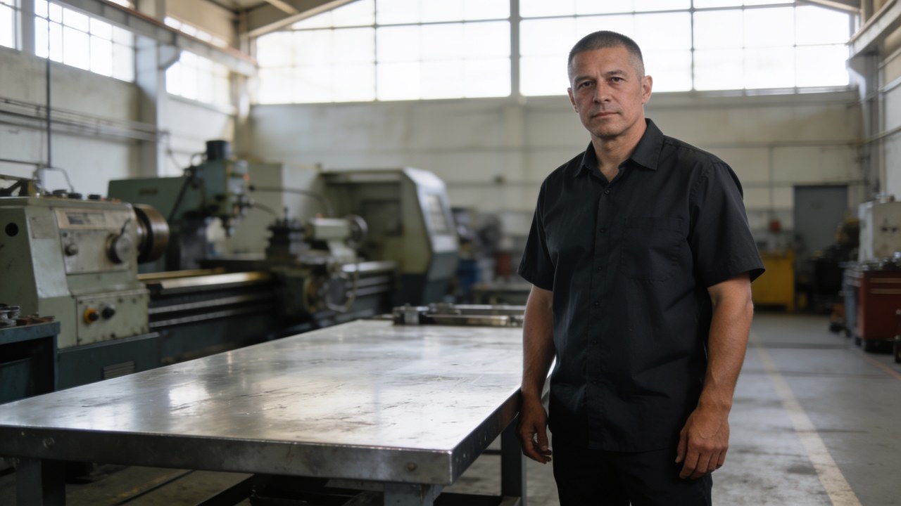 Veteran small-business owner standing beside a steel workbench on the floor of his metal fabrication shop, lathe and milling machine behind him