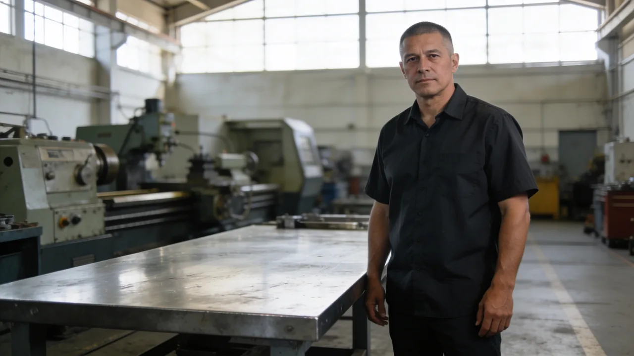 Veteran small-business owner standing beside a steel workbench on the floor of his metal fabrication shop, lathe and milling machine behind him