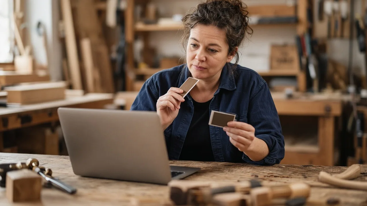 Woodworker in a navy shirt at her workshop bench, comparing two cards in her hands while reading an application on her laptop