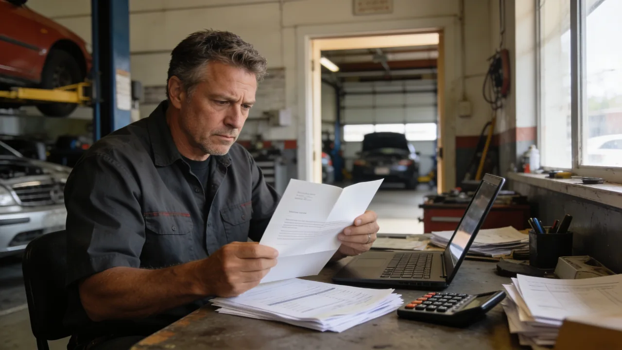 Auto repair shop owner at a back-office desk reading an opened formal letter beside bank statements and a calculator in natural window light
