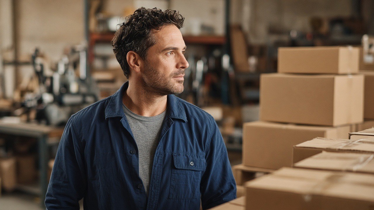 Business owner looking over inventory boxes and equipment in his warehouse