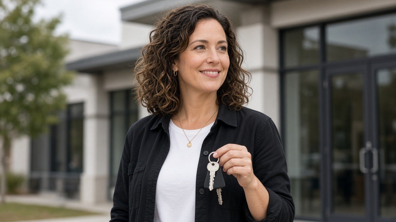 Business owner holding keys outside her new commercial property