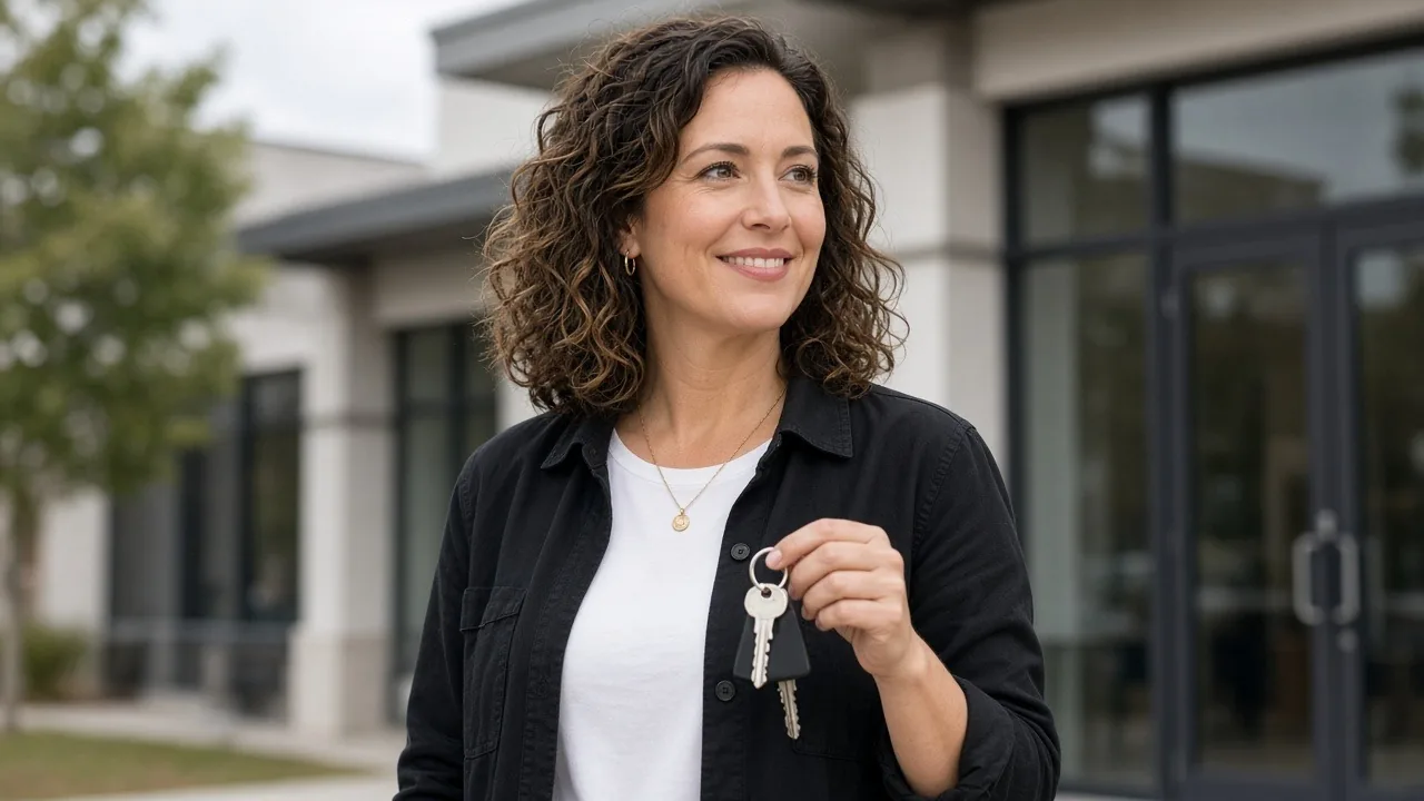 Business owner holding keys outside her new commercial property