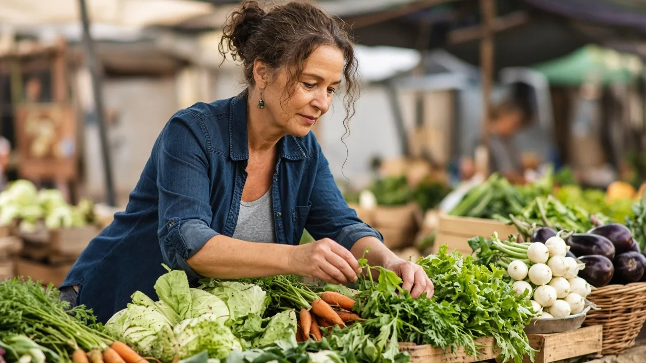 Farmers market vendor arranging fresh produce at her stall