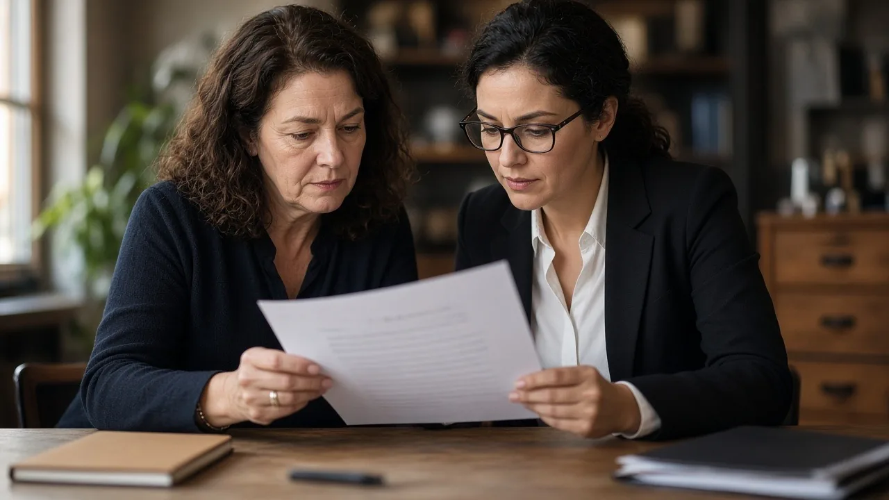 Business owner and her lawyer carefully reviewing a legal document together