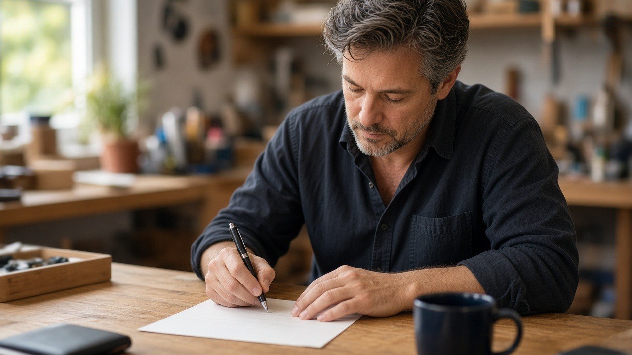 Business owner signing a document at a wooden desk