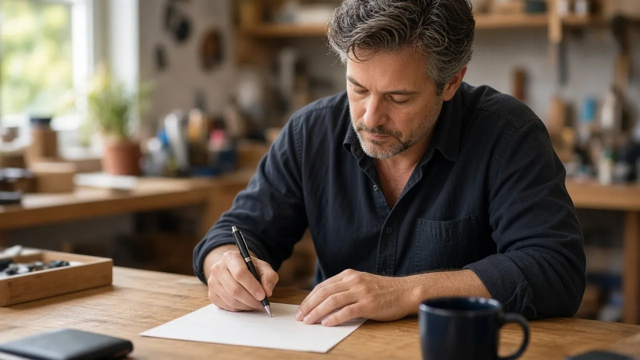 Business owner signing a document at a wooden desk