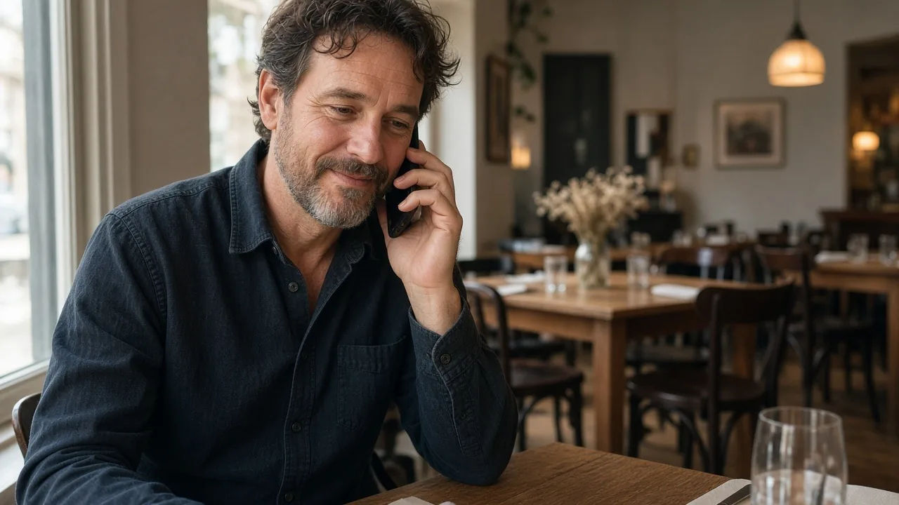 Relieved restaurant owner on a phone call in his empty dining room
