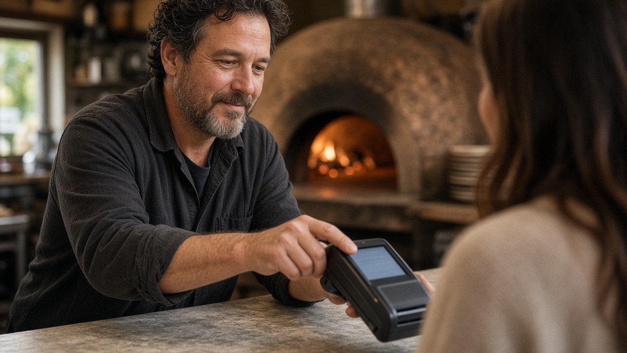 Pizzeria owner holding out a card terminal for a customer's payment